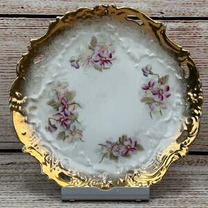 Dresden Germany Porcelain Cabinet Plate Floral Gold Gilt Reticulated 8.5 Inch‎